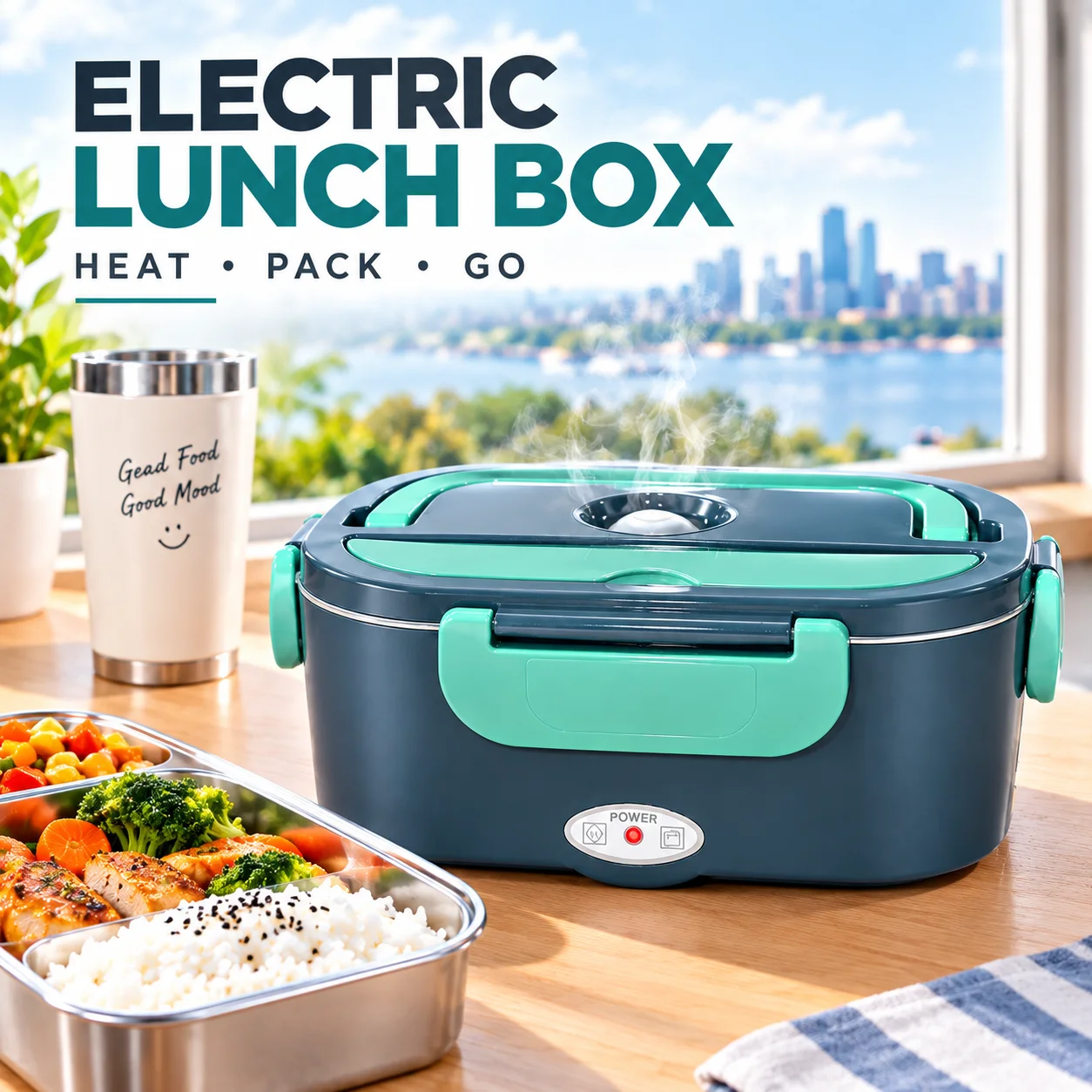 Self-Heating Bento Container Featuring A Detachable Power Cord, An Airtight Seal, And A Divided Tray For Balanced Meal Prep