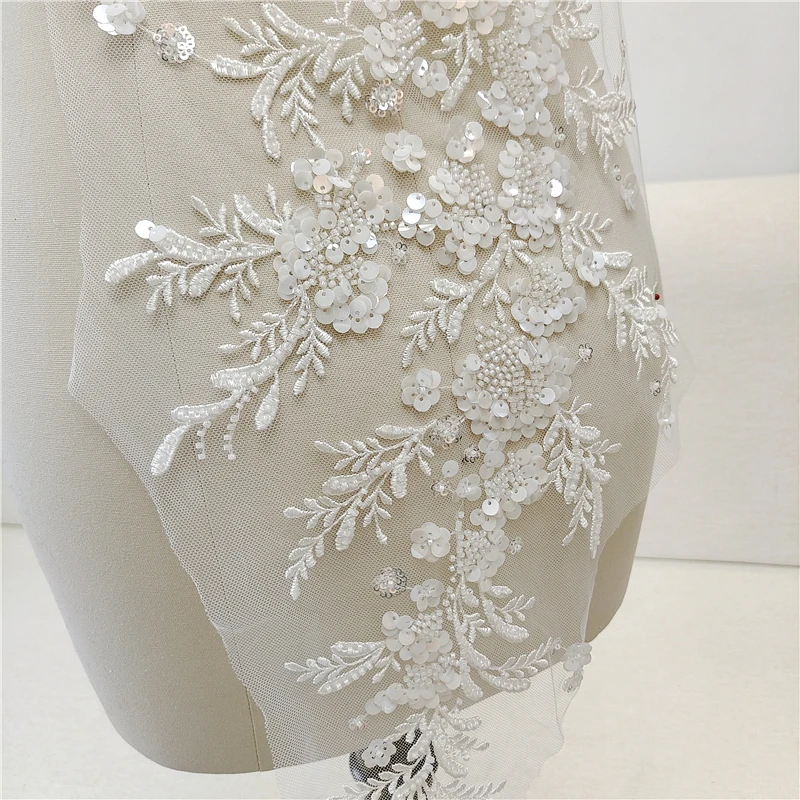 3D Luxury Flower Beaded Lace Appliques for Wedding Dresses Veils Bodice Rhinestone Lace Applique Patches Embroidery Lace  Ropa