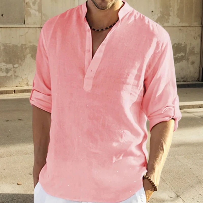 2024 Casual Blouse Loose Cotton Linen Men Shirt Fashion Stand Collar Pure Long Sleeve Tee Shirt Handsome Fitting Top Clothes