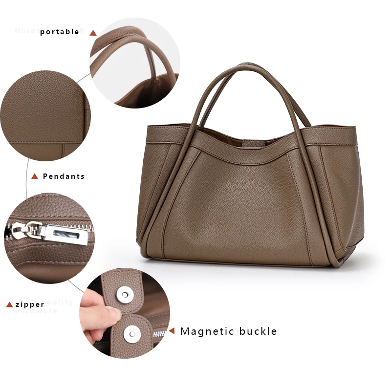 A minimalist style solid color women\'s handbag made of high-quality cowhide material, which is a soft and large bag