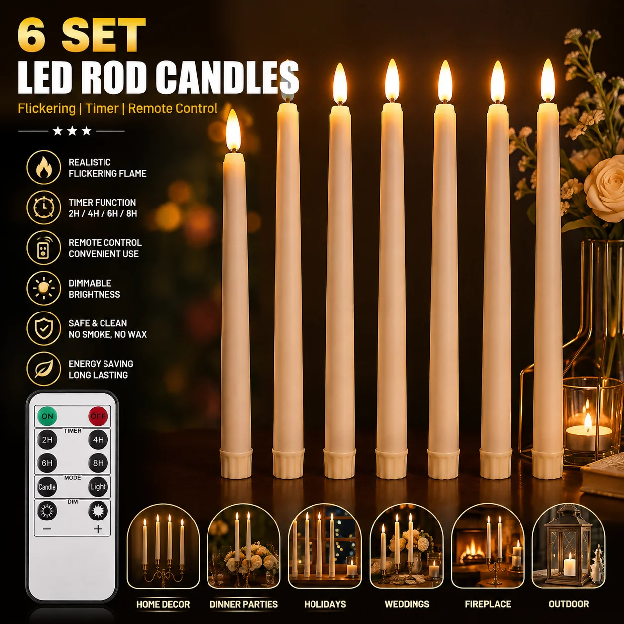 6PCS Flameless LED Taper Candles Flickering Battery Operated Dimmable Timer Remote Control For Wedding Holiday Dinner Home Decor