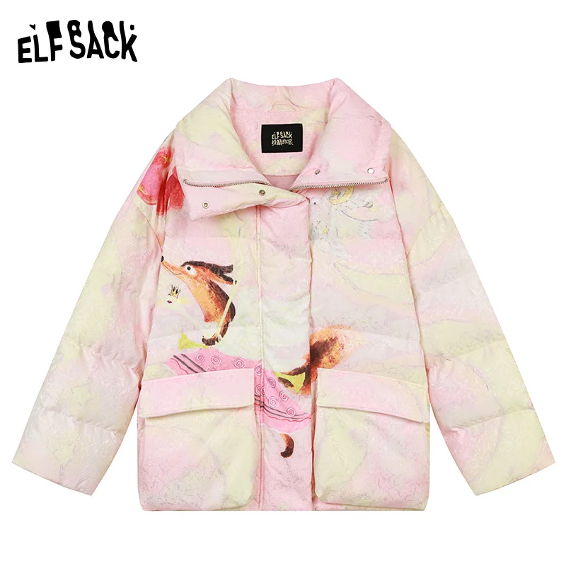 ELFSACK 2024 Winter New Arrivals Fox print short loose stand collar down jacket for women