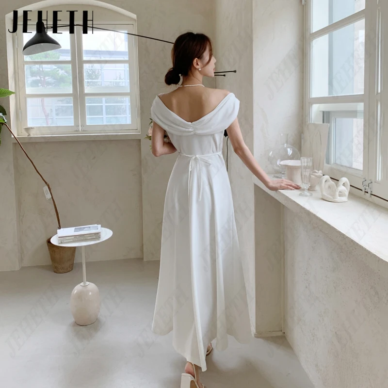 JEHETH Chiffon Cap Sleeve Korea Wedding Dresses Women Simple Pleat Bow Bridal Gowns Elegant Backless Photography 웨딩드레스 A-Line