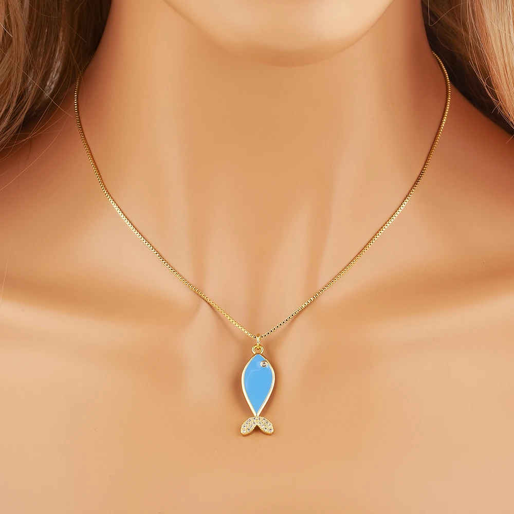 Nidin Dainty Enamel Fish Pendant Necklace For Women Inlaid CZ Crystal Fishtail Clavicle Chain Ocean Animal Jewelry Birthday Gift