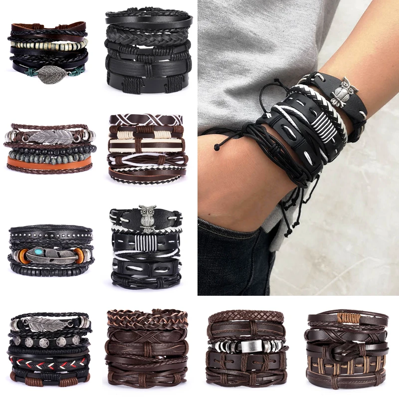 Conjunto de pulseras de cuero de múltiples capas Vintage para mujeres y hombres, pulsera trenzada hecha a mano con plumas de hoja, accesorios de