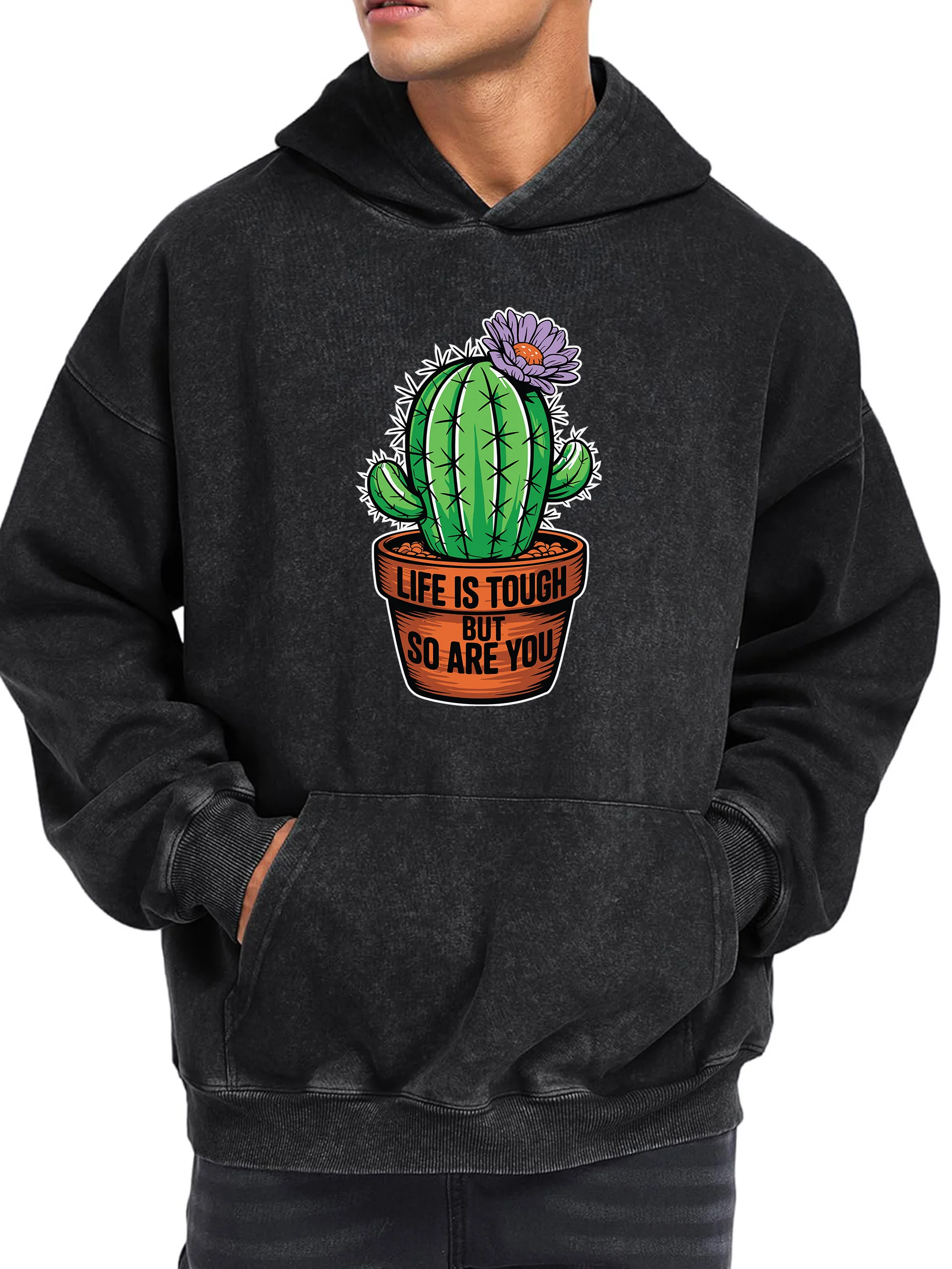 400g Men's Hooded Sweatshirt LIFE IS TOUGH Printed Retro Washed Long-Sleeve Sweatshirt Machine Washablewith Soft