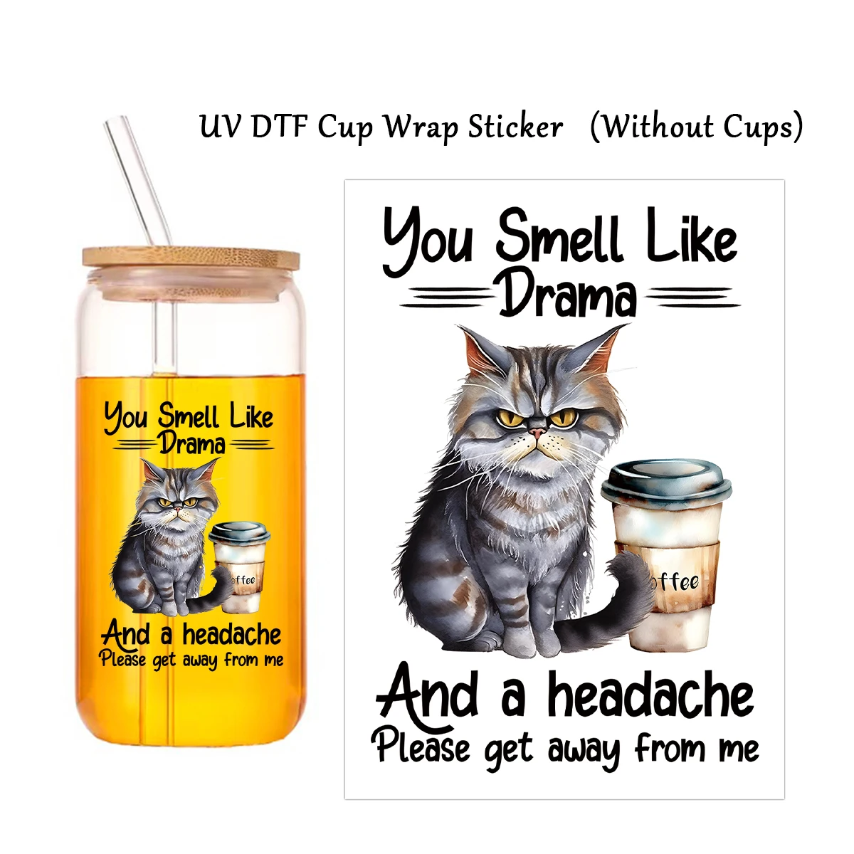Katze trinken Kaffee Design UV Dtf Tasse Wrap Aufkleber für Katze, Kaffee liebhaber, wasserdichte dekorative Aufkleber für Tassen, Flaschen, DIY Handwerk