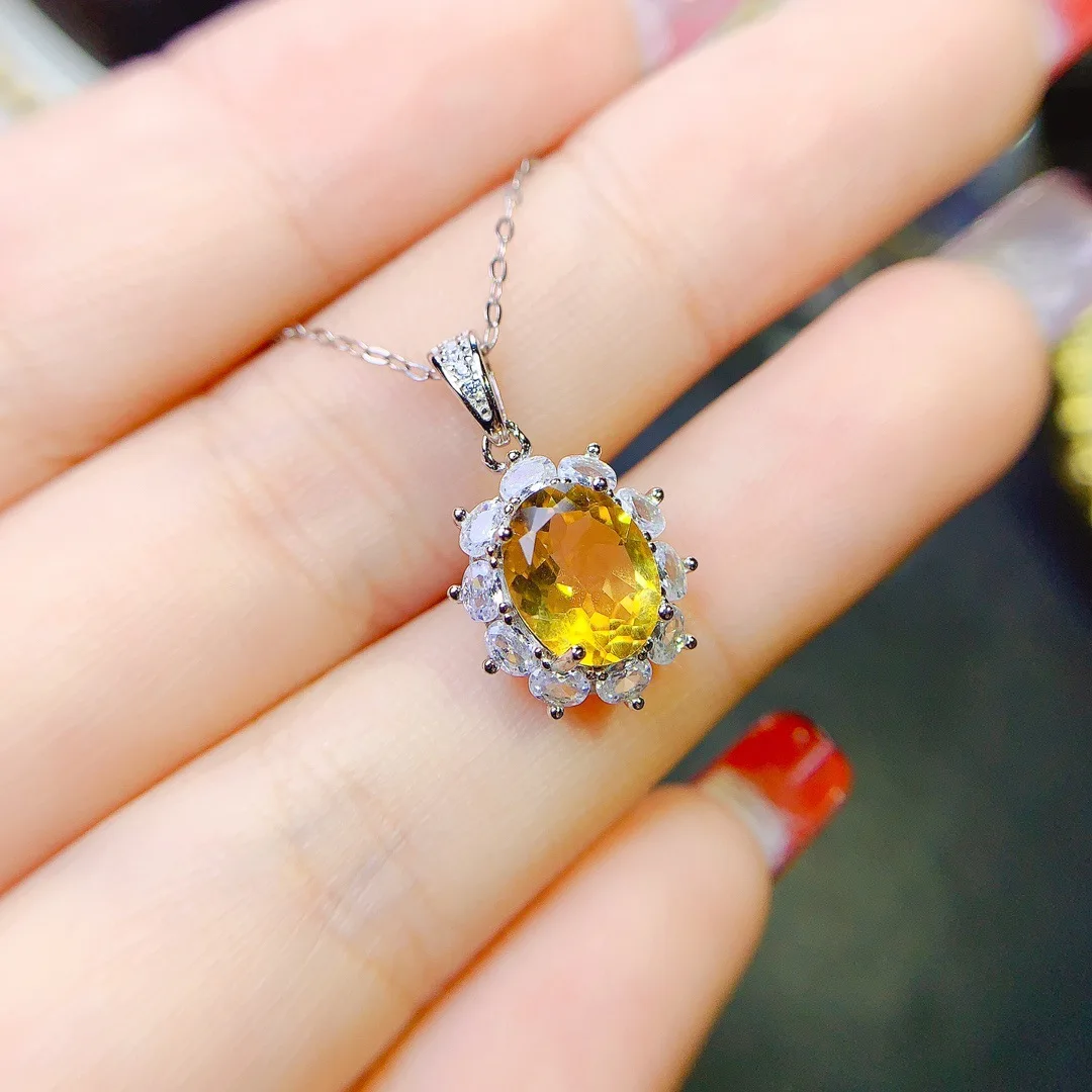 KJJEAXCMY girls 7x9mm pure natural yellow crystal necklace pendant 925 pure silver electroplated white gold clearance sale,