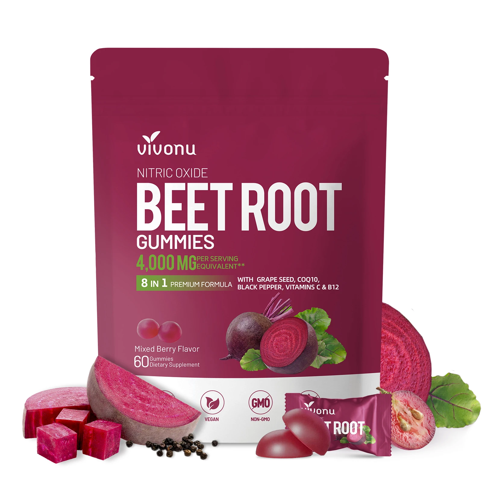 VIVONU Super Beetroot Gummies 8-en-1 Suplemento energético premium con coenzima Q10, extracto de remolacha, extracto de semilla de uva, extracto de pimienta negra, vitaminas C y B12, L-arginina y L-citrulina