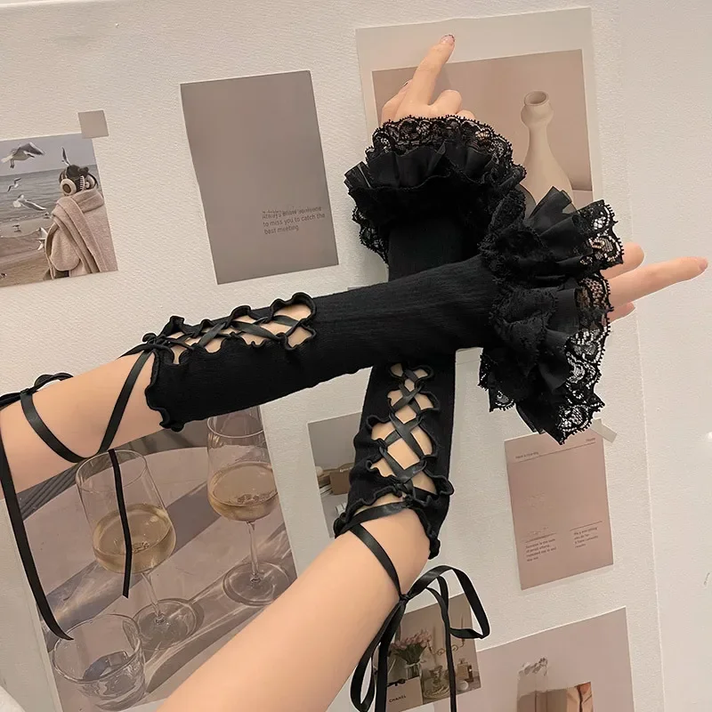 Lolita Ballet Strap Lace Gloves Y2K Fingerless Gothic Sunscreen Sleeve Women Lolita Clothing Accessories Mesh Anime Punk Gloves — zdjęcie 2