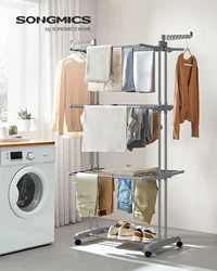 SONGMICS Large Clothes Airer, Foldable Clothes Drying Rack Laundry 4-Tier, Moveable Clothes Horse, 64 x 126 x 172 cm