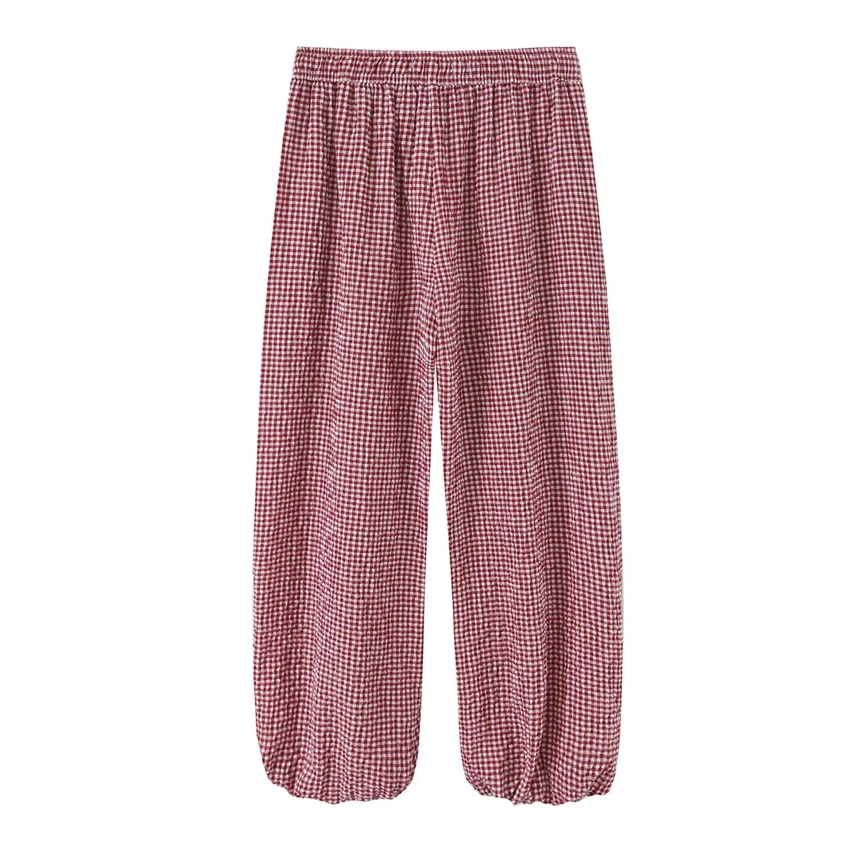 Women Gingham Pants Elastic High Waist Plaid Joggers Casual Lantern Trousers Elegant French Vintage Summer Cotton Check Pant