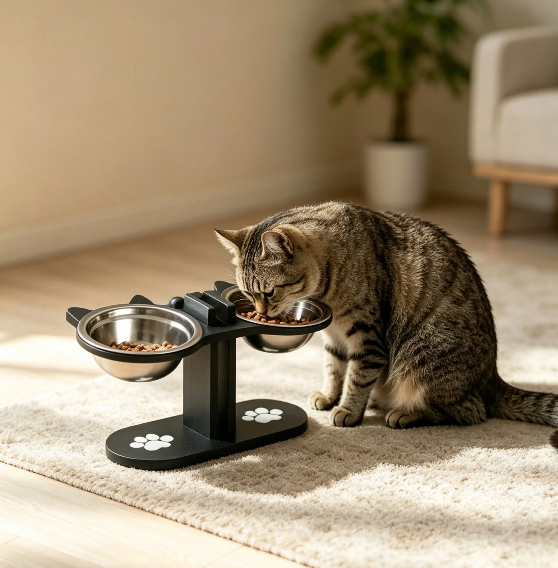 Elevated Wooden Cat Bowl Feeder Stand with Stainless Steel Double Bowls Pet Dining Table for Indoor Cats Food Water Feeding