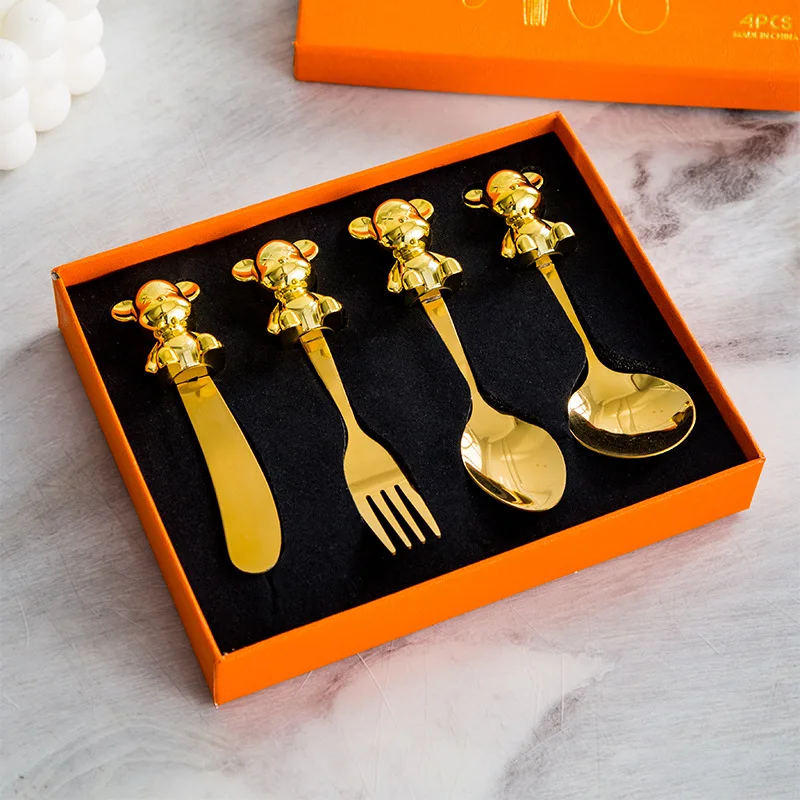 Golden Child Cutlery Set,Cute Bear Cartoon Flatware Set,Serving for 1,Includes Spoons, Forks,Knifes For Kids,Dishwasher Safe