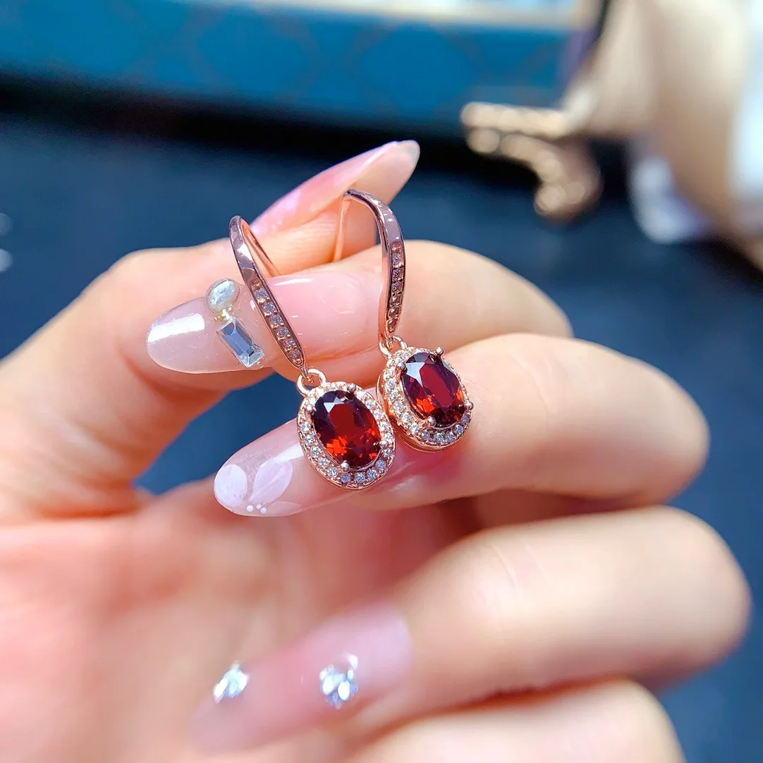 Fine Jewelry 925 Sterling Silver Inset with Natural Garnet 5x7mm Girls Electroplated 18K Rose Gold Earrings to Girlfriend New