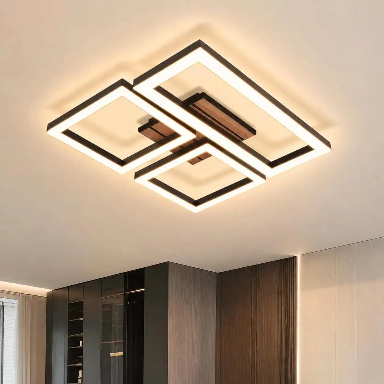 Deckenlampe LED Deckenleuchte Flur - 21W Küchenlampe Schwarz Modern Design 37CM Flurlampe 3000K Warmweiß Eckig Küche Schlafzimmerlampe in Holzoptik Wohnzimmerlampe für Wohnzimmer Schlafzimmer