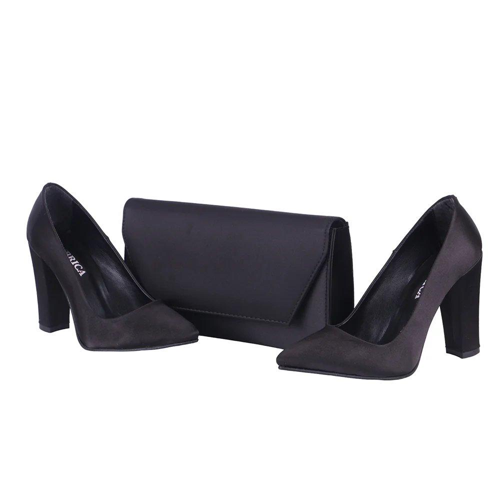 Black Satin Heels for Women Shoes and Bags to Match Set Thick Heels for Women 2023 Satin Bag for Handbags Big Size 34-45