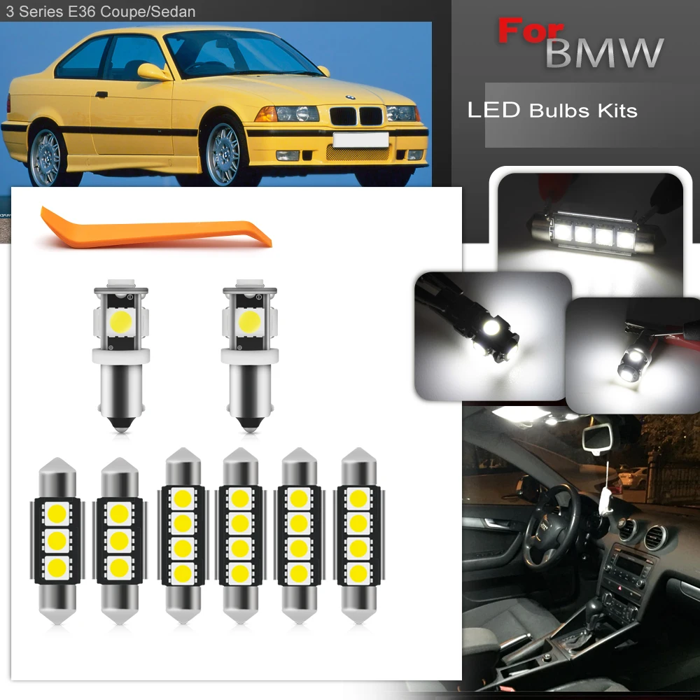 Fits For 1992 1993 1994 1995 1996 1997 1998 BMW 3Series E36 Coupe Sedan Error Free Full White LED Interior Package Light Bulbs