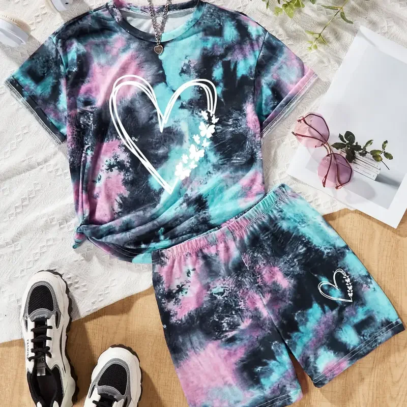 Summer Girls Heart Print Short Sleeve T-Shirt Shorts 2 Piece Set Summer Kids Suits Children's Top and Bottom Clothes