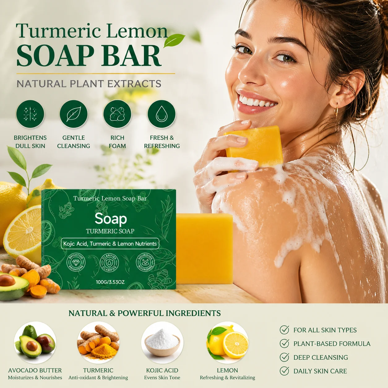 Turmeric Kojic Brightening Soap Lighten Skin Cleaning Dirt Remover Hydrating Refreshing Bath Products Lemon Turmeric Soap Bar