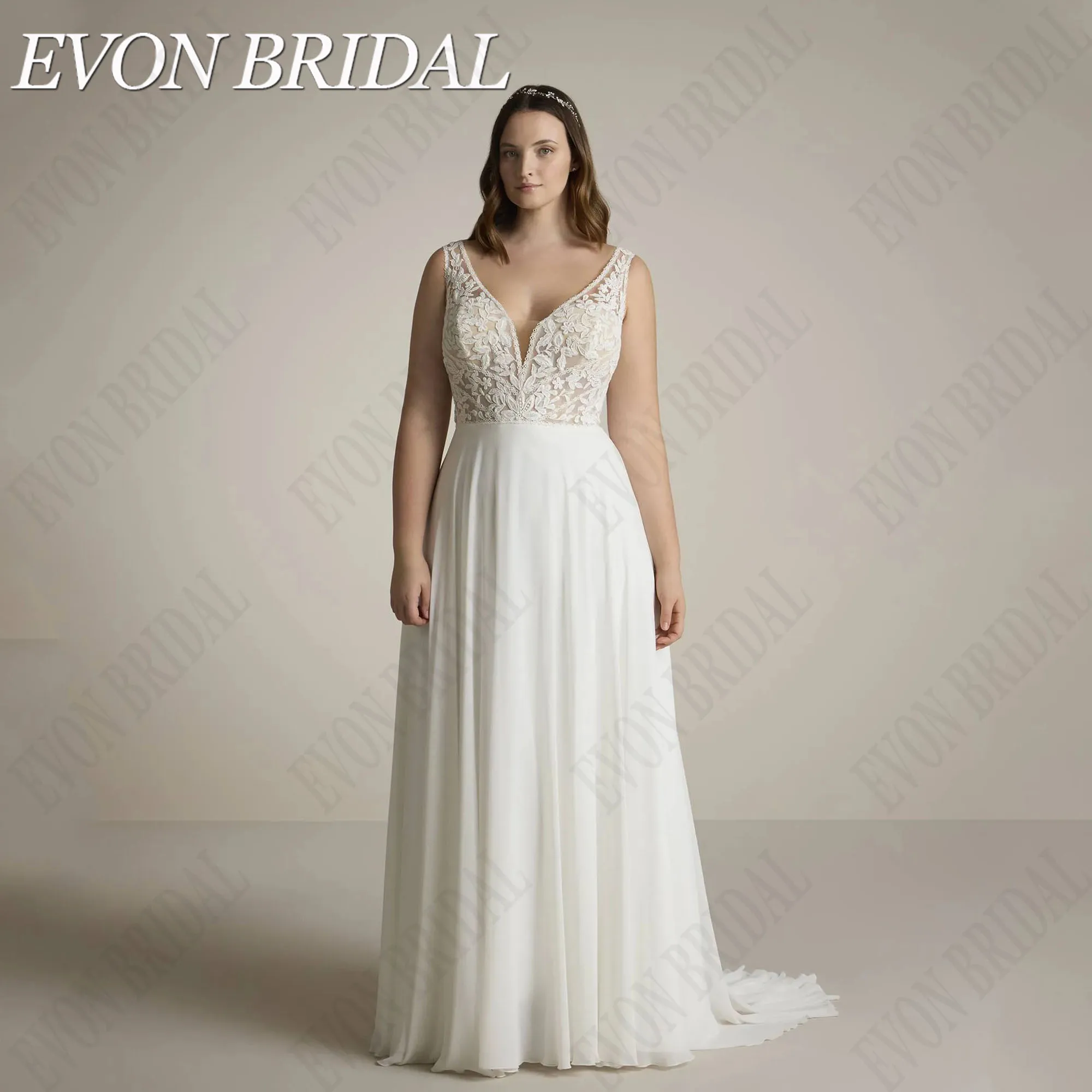 

EVON BRIDAL Lace Applique Wedding Dresses Plus Size Chiffon A-Line Bride Gowns V-Neck Sleeveless Civil Bridal Dress Custom Made