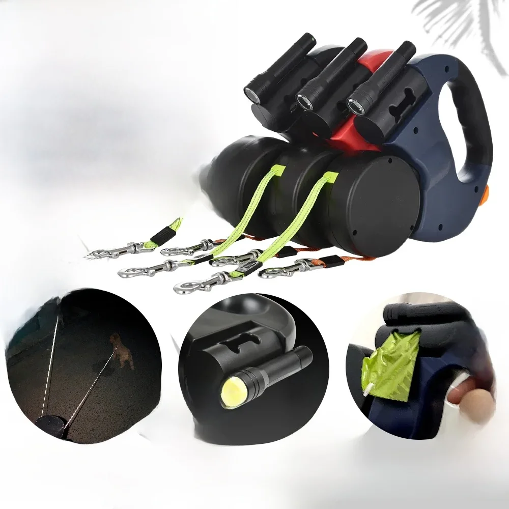 3in1 Dubbele Hoofd Hondenriem Zaklamp Kakzak Dispenser Dual Reflecterende Kat Aangelijnd Automatische Uitschuifbare Puppy Trekkabel - afbeelding 2