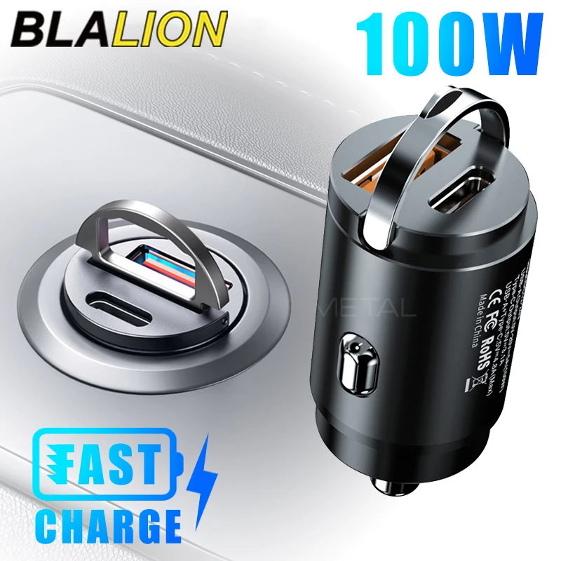 BLALION Mini 100W USB Car Charger Type C QC3.0 5A Fast Charging 2 Port 12-24V Cigarette Socket Lighter Car Phone Charger Adapter