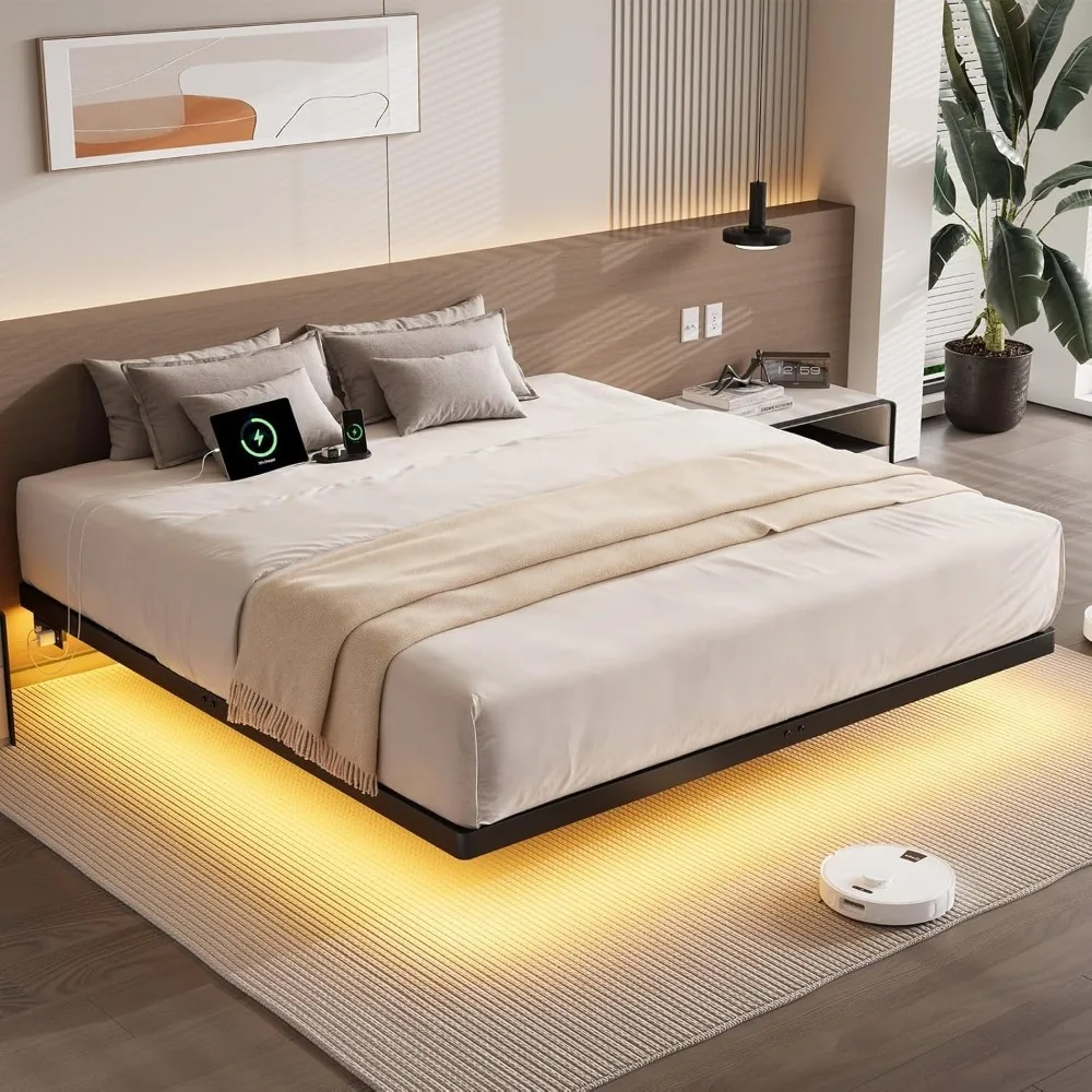 Base de Cama Flotante King Size con Estación de Carga USB y Luces LED Inteligentes, Plataforma de Metal Resistente con Almacenamiento Debajo de la Cama