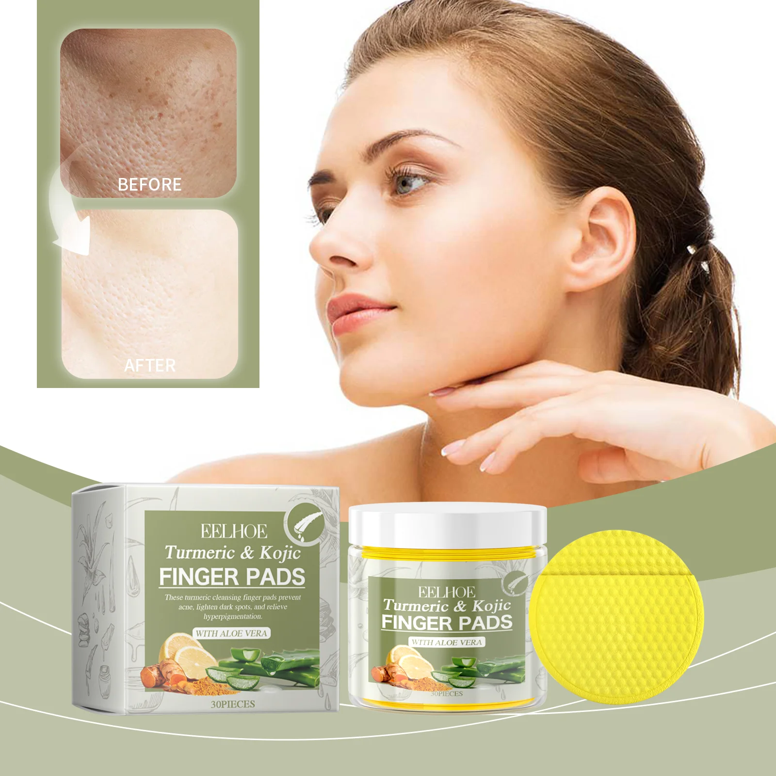EELHOE الكركم كوجيك منصات الاصبع حمض الكركمين التطهير الوسادة يهدئ منعش ينظف المسام حساسة ناعمة الطازجة الجلد