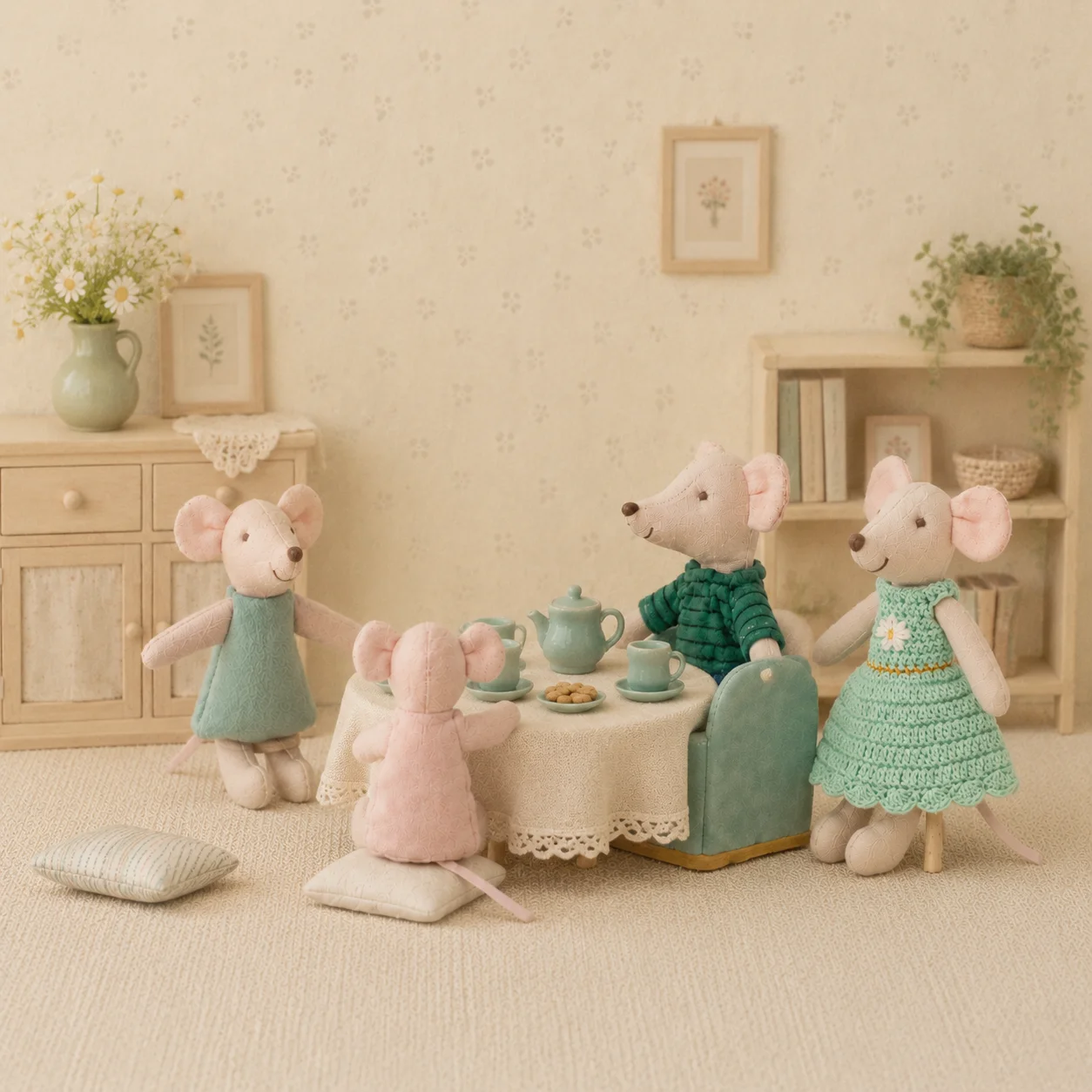 Nordic Handmade Linen Mouse Family 4PCS Soft Plush Fabric Doll Set Montessori Pretend Play Animal Toys Nursery Room Decor Gift