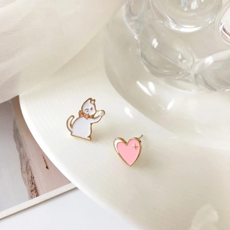 Cute Rabbit Red Heart Asymmetry Stud Earrings For Women Sweet Daisy Flower Animal Earring Girl Birthday Party Wedding Jewelry