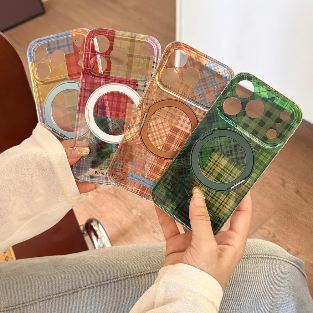 Retro Color Plaid With MagSafe Stand Phone Case For iPhone 17 Pro 16 Max 15 16 17 Pro Max 15 Pro Cover Korean Ins Anti‑Fall Case