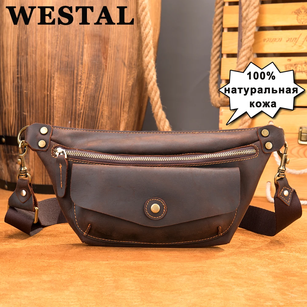 WESTAL Genuine Leather Men\'s Chest Bag Crazy Horse Leather Crossbody Bag Retro Business Brand Shoulder Bag Male Sling Bag 9077