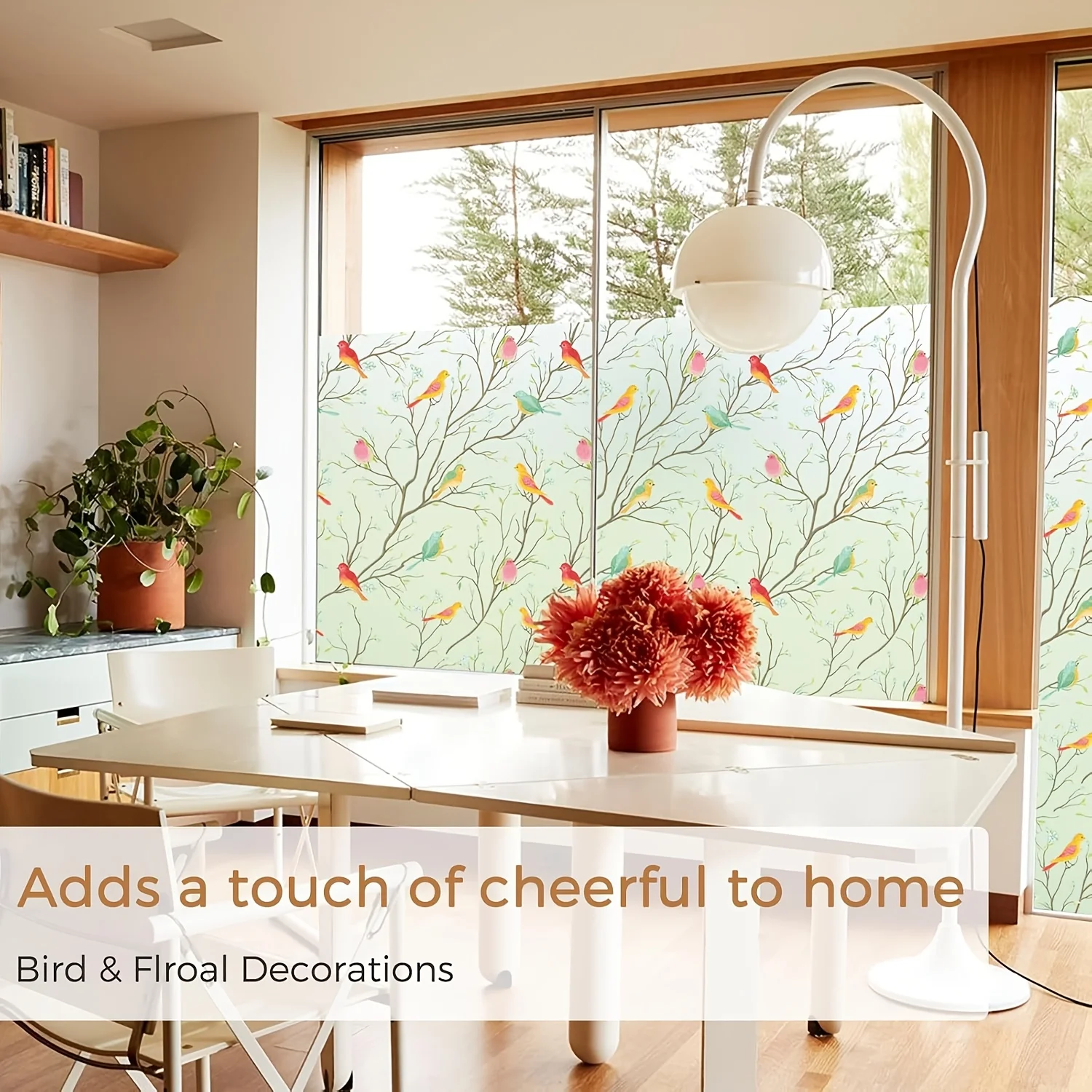 Frosted Privacy Window Film Roll Bird Vine Pattern Static Cling UV Block Heat Block for Home Decor Bathroom Kitchen