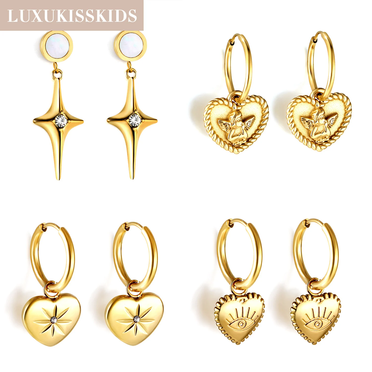 LUXUKISSKIDS Trendy Romantische Herzform Tropfenohrring mit Augen/Engelsgrafiken Edelstahl Golden Star Brincos Schmuck Damen