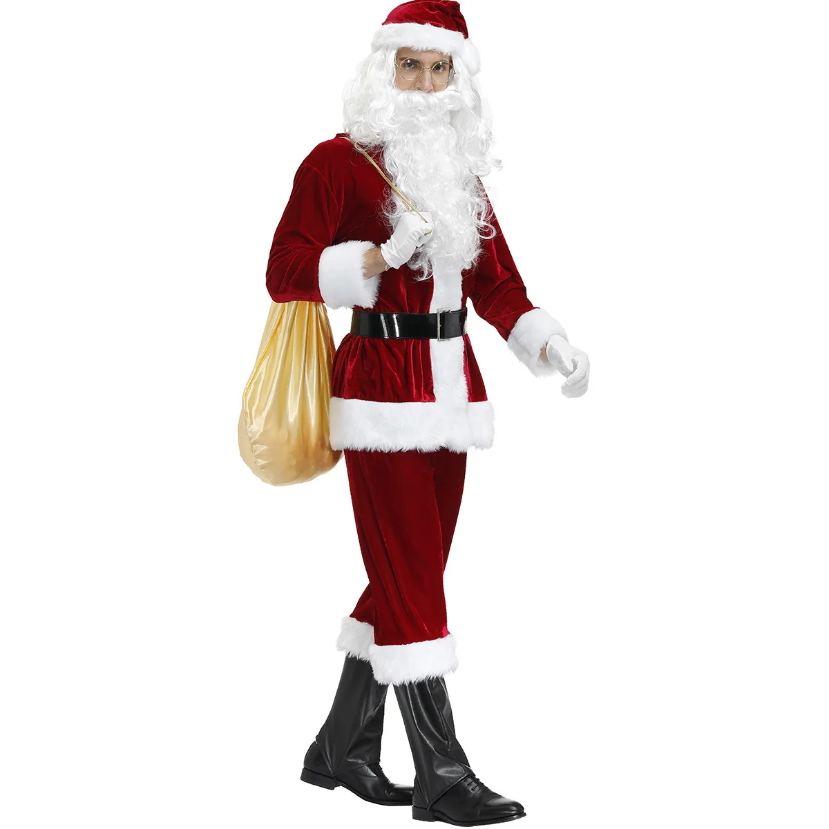 Disfraz de Papá Noel para hombre, traje de Papá Noel de terciopelo rojo de 9 piezas, con sombrero, Barba, Golves, fiesta de vacaciones, Cosplay, vestido elegante