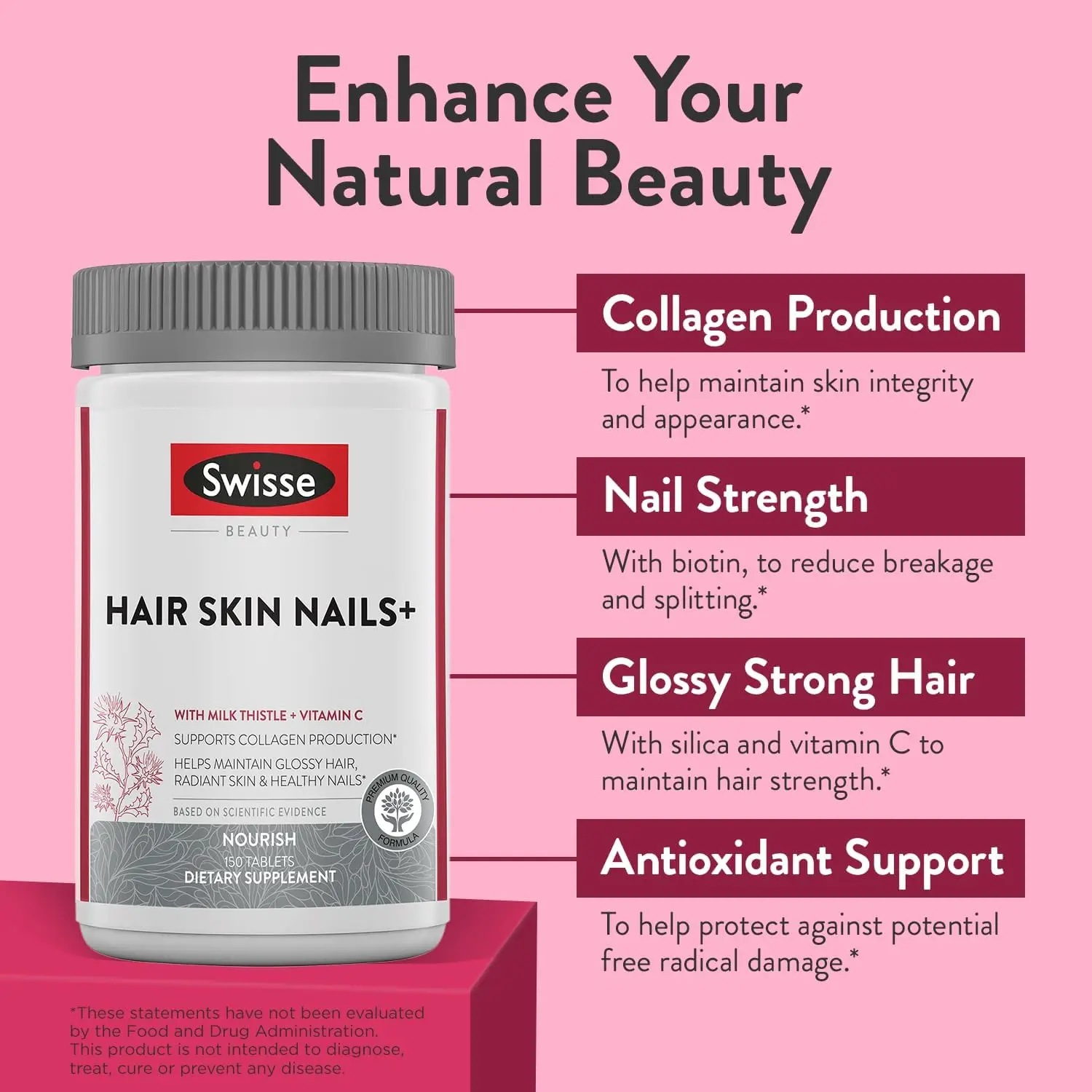 Swisse Biotin Hair Skin and Nails Collagen Supplement for Women & Men | Milk Thistle, Biotin, Vitamin C, Zinc & Iron|150 Tablets