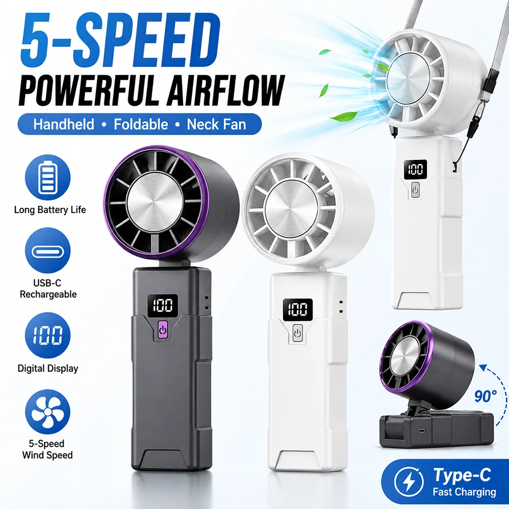 Tragbarer Wiederaufladbarer Handventilator Faltbarer Nackenventilator mit Digitalanzeige 5 Geschwindigkeiten USB Typ-C Persönlicher Kühlventilator