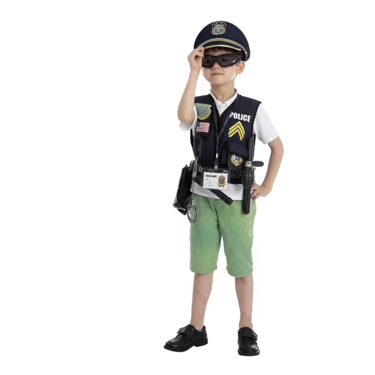 Kids Career Cosplay Police Costume - Vest, Hat, Belt with holster, Handcuffs, Walkie-talkie, Whistle Set for 3-8Years Boys