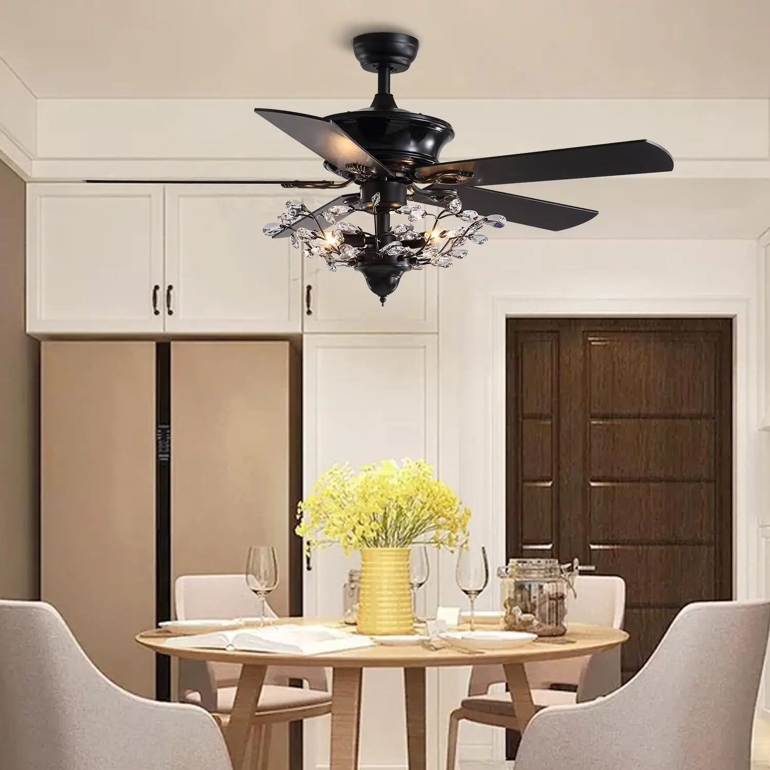 American Stye Black Crystal Follower Design Ceiling Fans With Light 110V 220V Wood Blades Remote Control Hanging Fans Lamp 52 