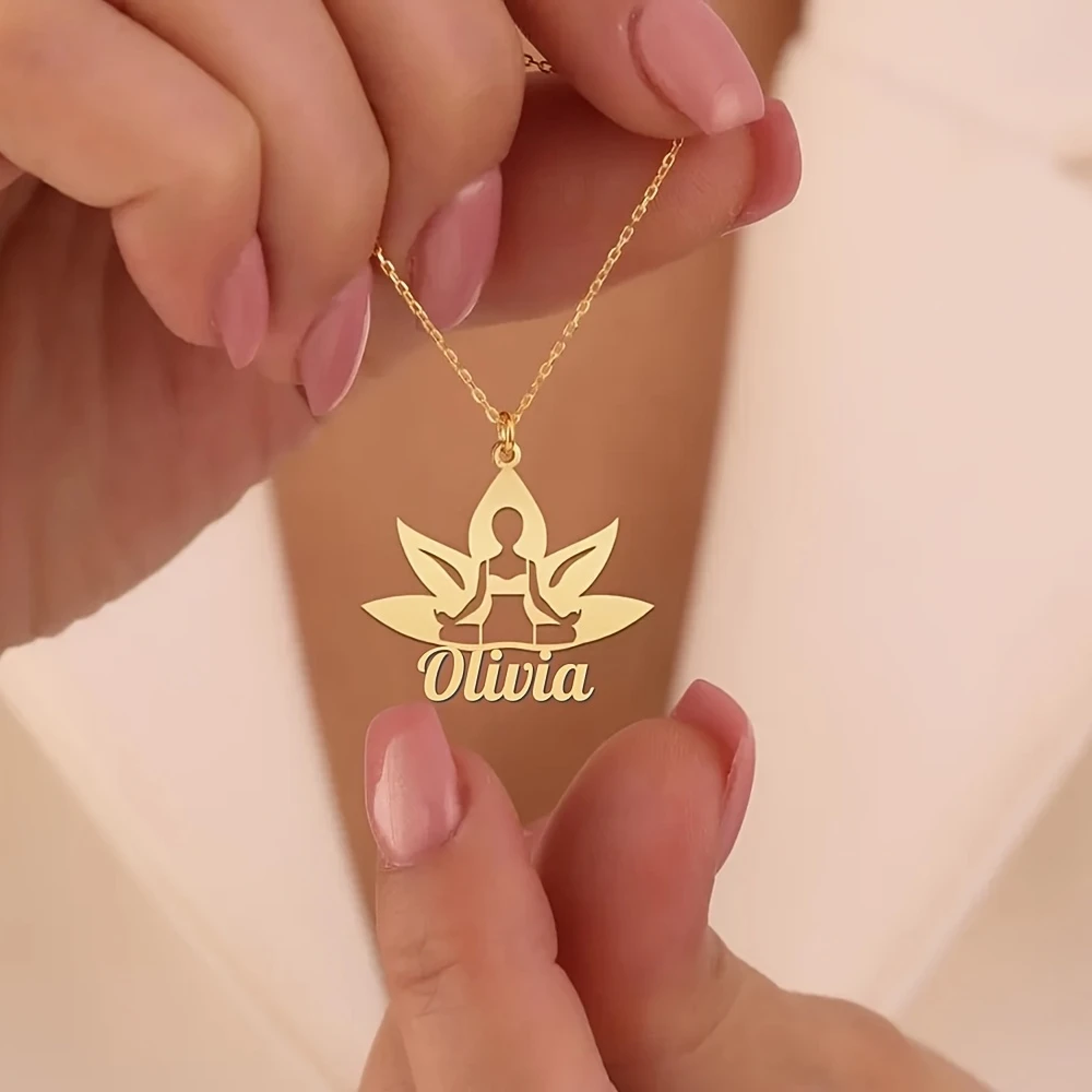Collar con Nombre Personalizado de Lotus Fitness, Colgante de Meditación de Acero Inoxidable, Joyería Diaria para Mujer