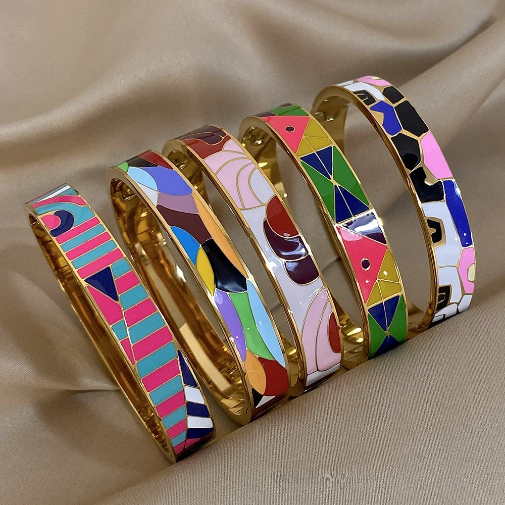 Greatera Vintage emaliowana bransoletka mankietowa ze stali nierdzewnej bransoletka dla kobiet kolorowy wzór Pulseras pozłacana biżuteria imprezowa — zdjęcie 2