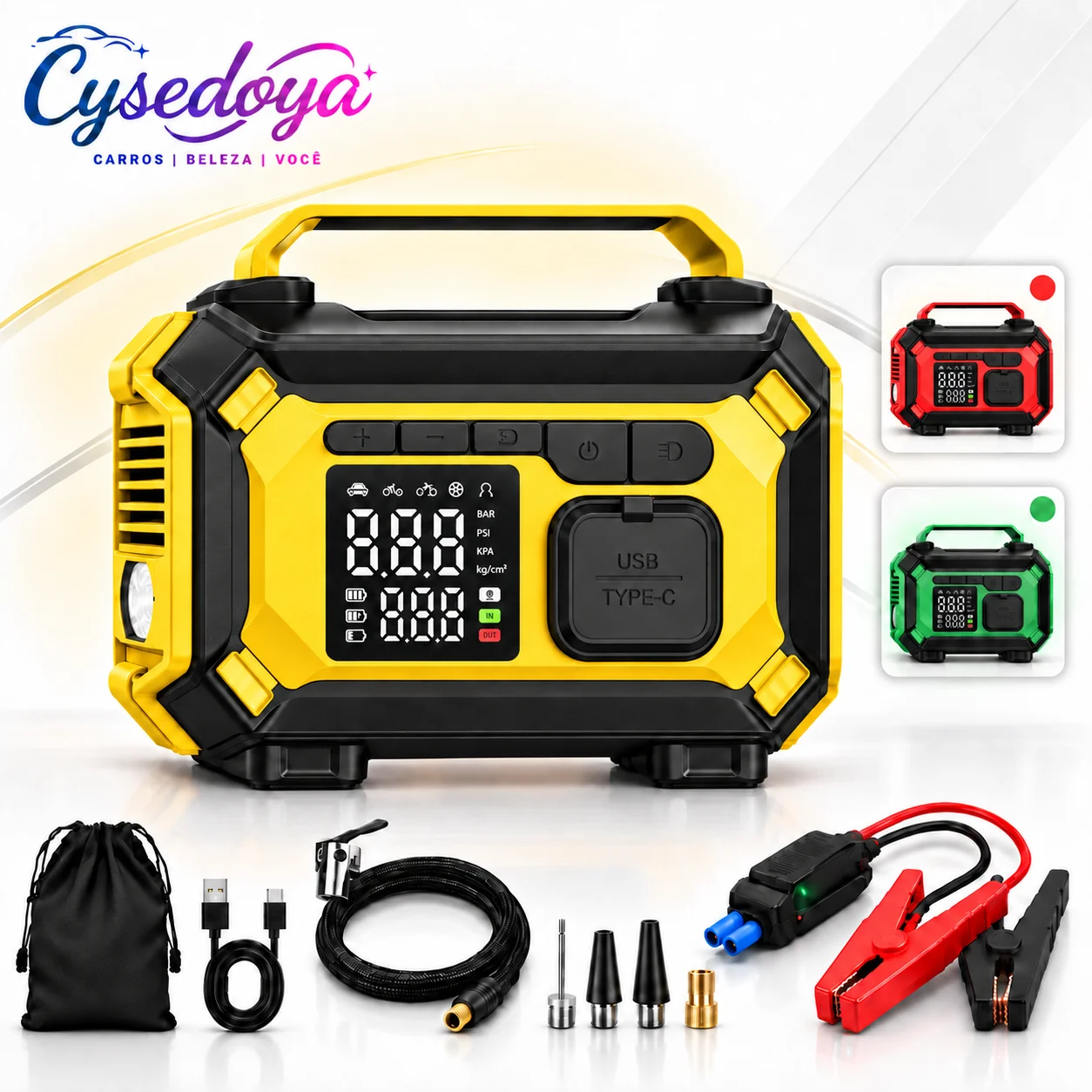 Auxiliar de Partida Veicular 12V com Compressor de Ar 150PSI Portátil 4 em 1 para Carro Moto Power Bank Lanterna LED
