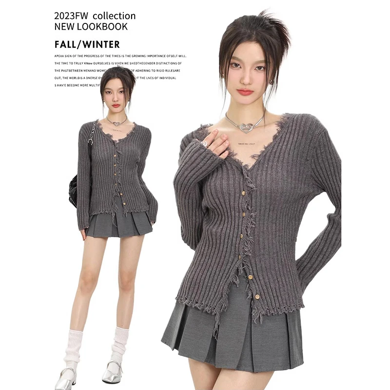 Loose V-neck Sweaters Knit Cardigan Y2k Long-sleeved Tops High Street Autumn Winter New Single Breasted Sweater Cardigan