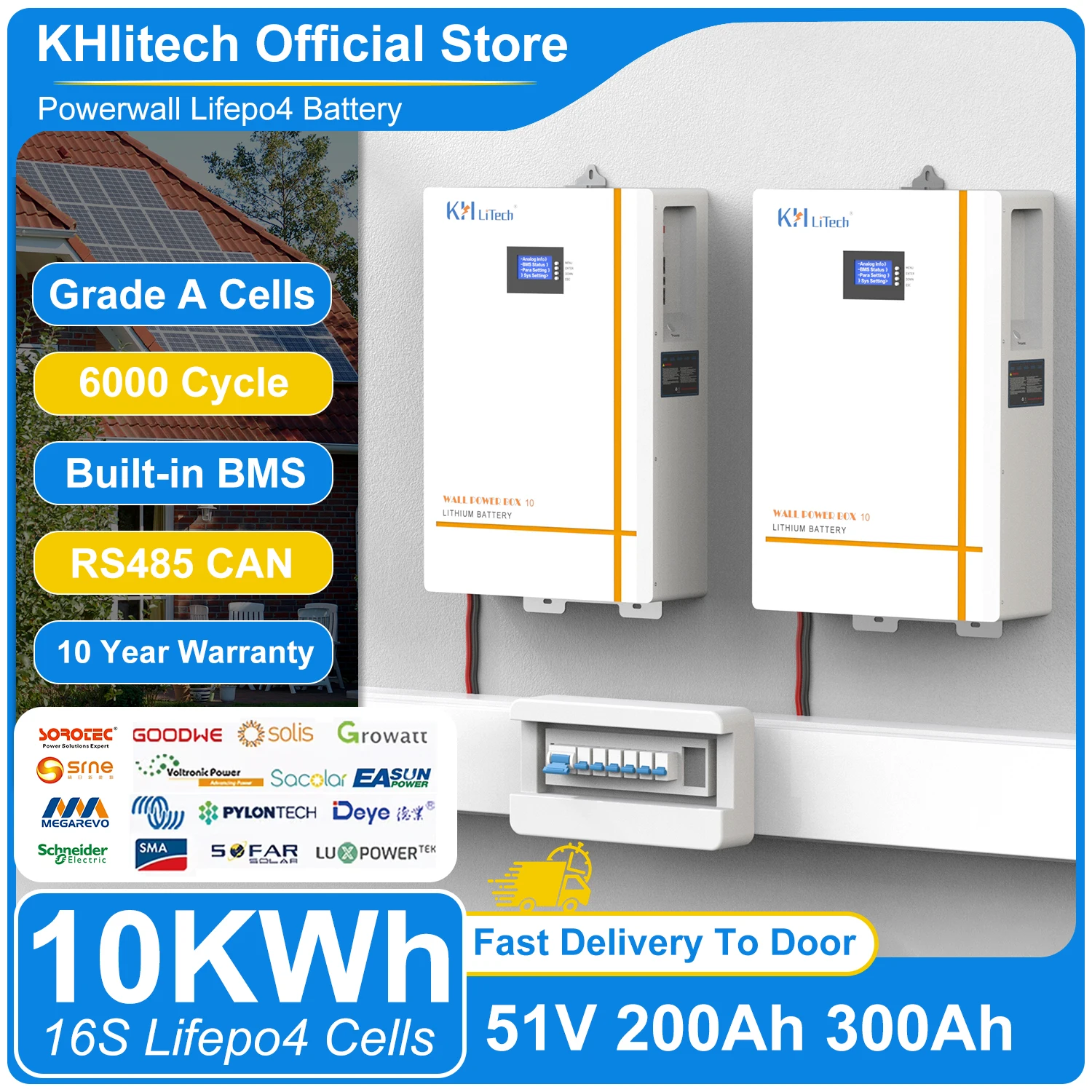 

51V 10KWh Powerwall 200Ah LiFePO4 Battery Pack 6000 Cycle 48V Lithium Iron Phosphate Buitl-in BMS CAN RS485 EU Tax Free