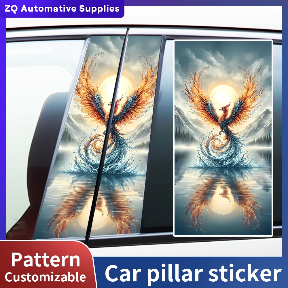Ice Fire Phoenix Car Pillar Sticker Sunrise Mountain Water Decal Auto Window Trim Vinyl Wrap Protective Film Car Accessories