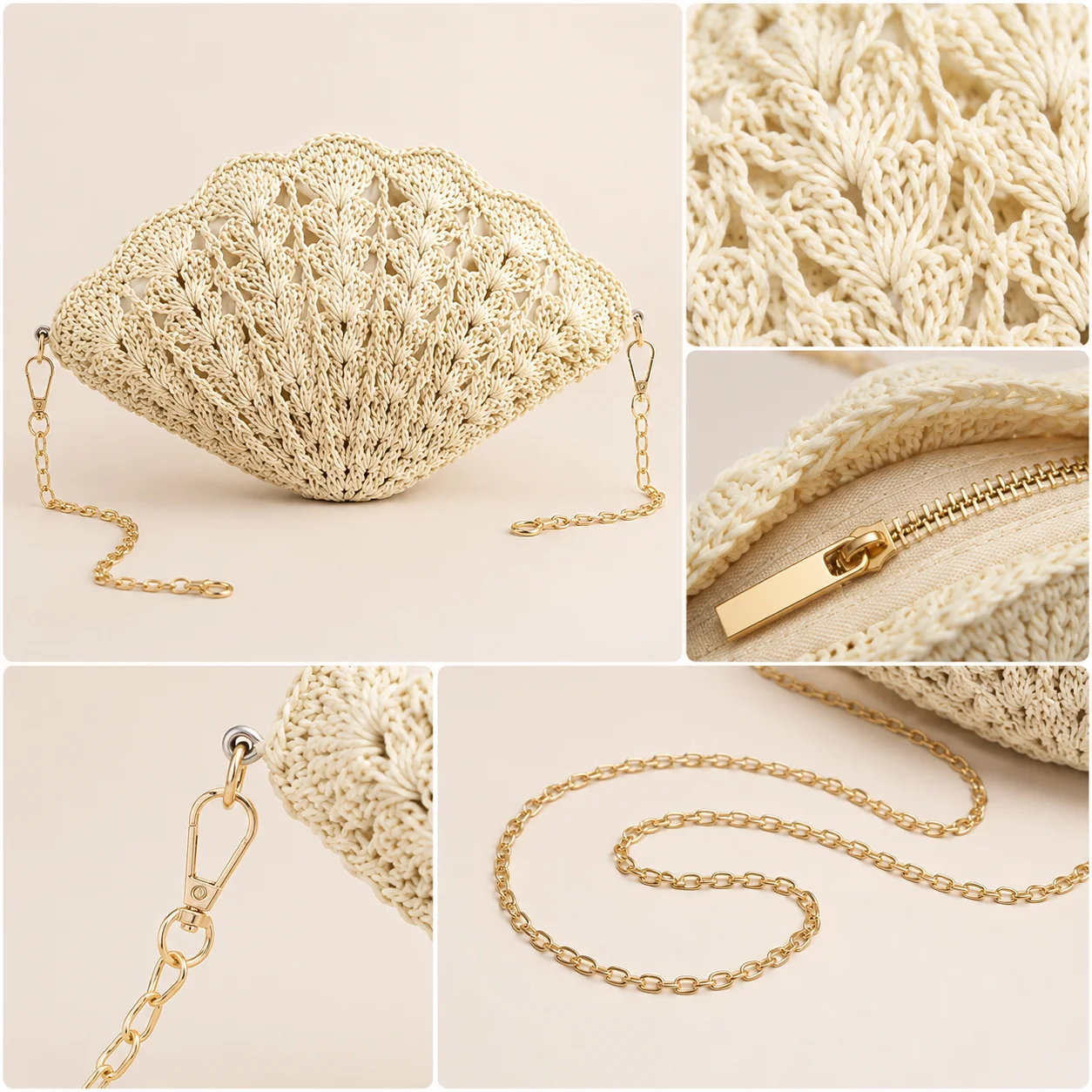 Straw Shell Crossbody Bag Summer Beach Woven Purse Boho Vacation Shoulder Bag with Zipper Lightweight Resort Handbag Gift