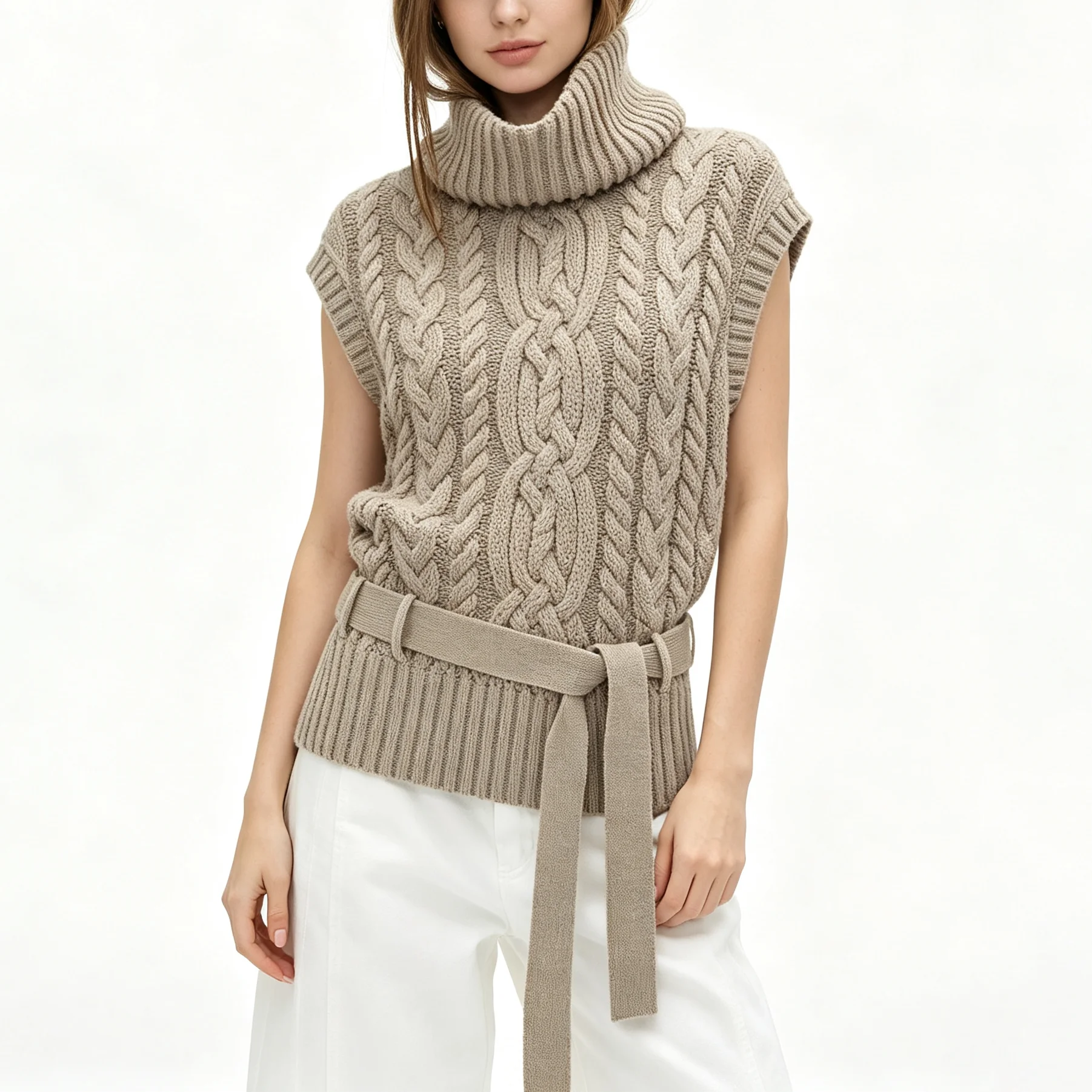 

2026 Women's Chunky Cable Knit Sleeveless Vest, Oversized Turtleneck Cowl Collar Self Tie Belt Cinched Waist Ribbed Hem Slim Fit