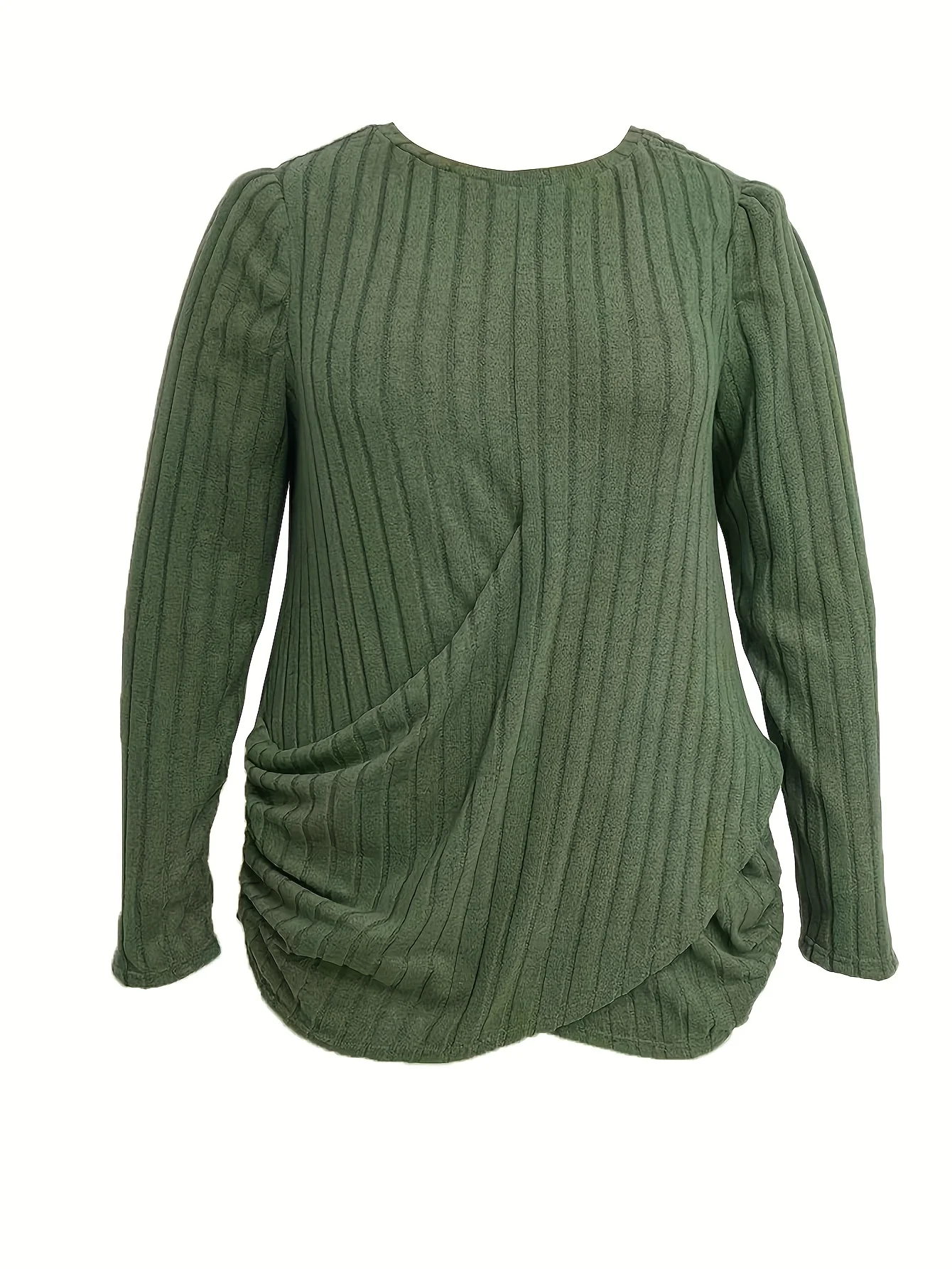 2025 اختيار الموضة بالاضافة الى حجم! بلوزة بأكمام طويلة ومضلعة باللون الأخضر الداكن (مقاس كبير). نسيج مضلع للجودة، روش غير منتظم