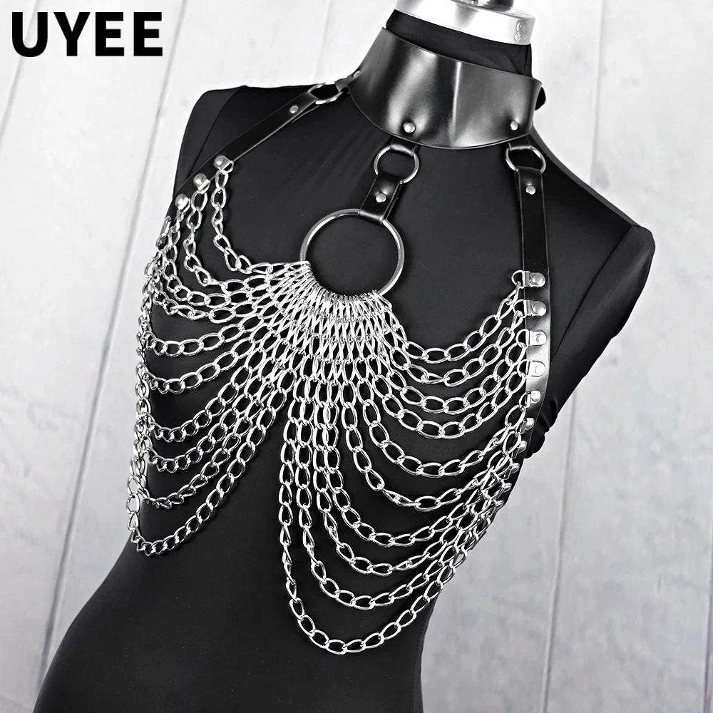 UYEE Women Body Chain PU Leather Harness Bra Belt Bondage Suspender Sexy Lingerie Fetish Gothic Garter Rave Festival Clothes